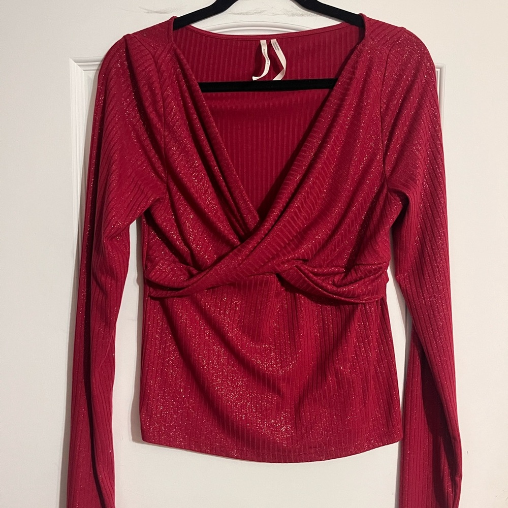 Anthropologie Red Shimmer Wrap Top